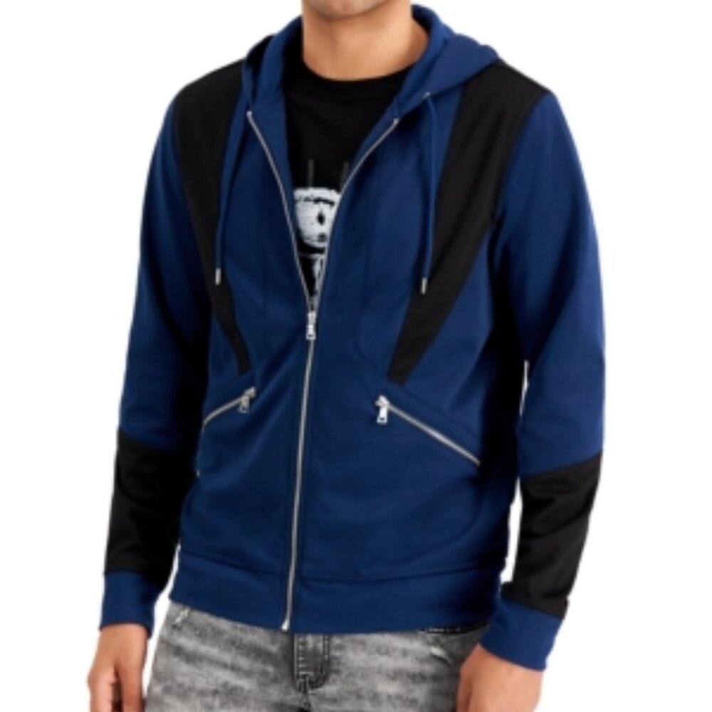INC Mens Navy Color Block Long Sleeve Full Zip Hoodie XS New